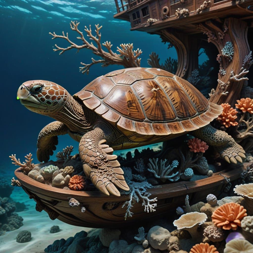 Ornate Wooden Turtle Sculpture in Coral Reef