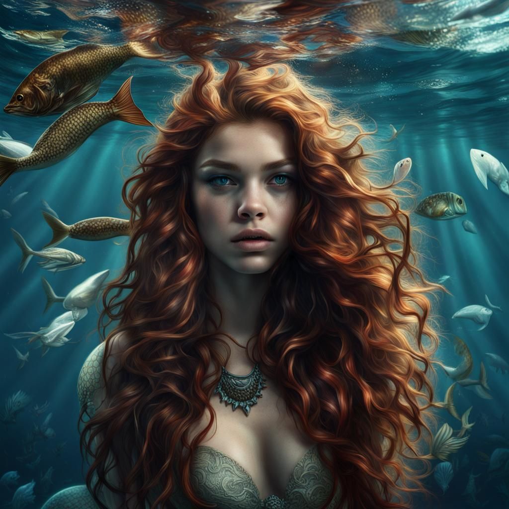 Red-Haired Mermaid Diving in the Ocean