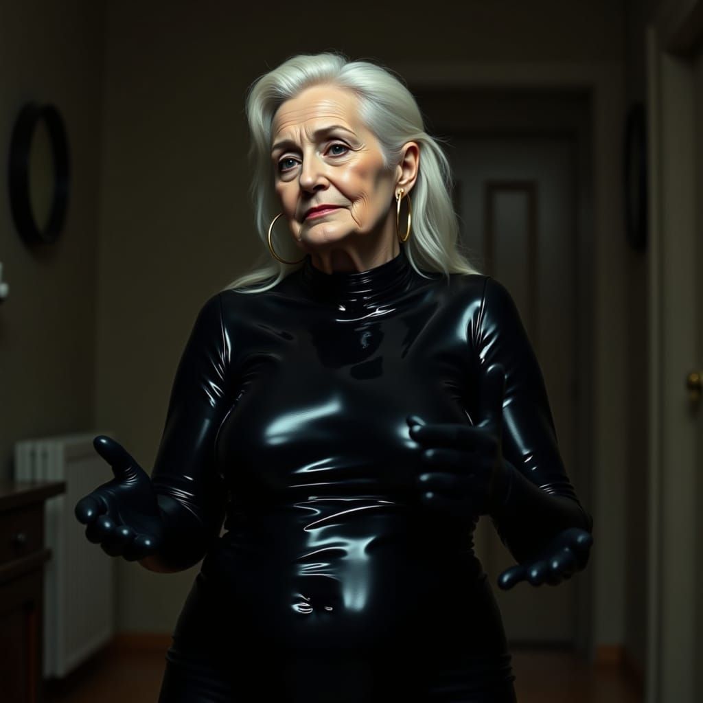 Elderly Woman in Glossy Catsuit, Dancing Quote
