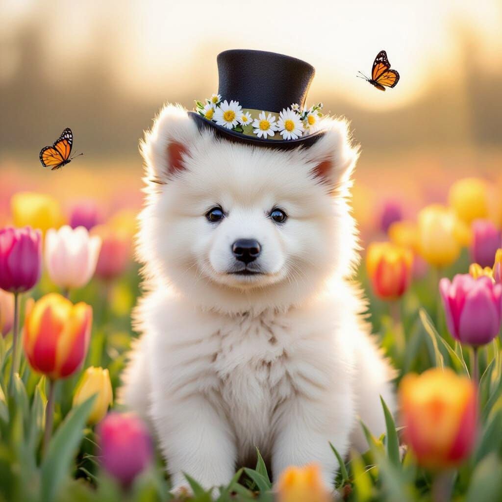 Samoyed Puppy in Rainbow Tulip Field, Beatrix Potter Style