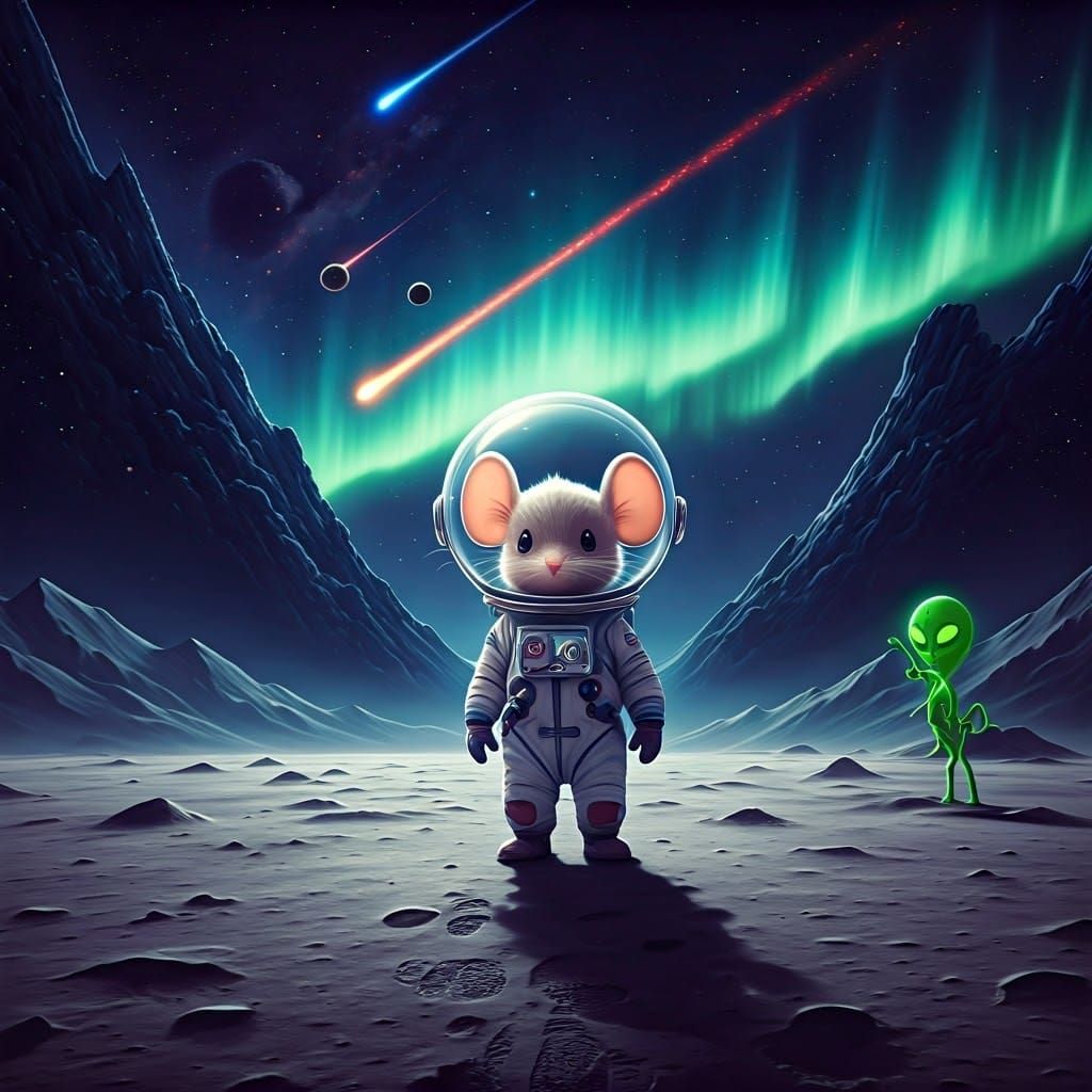 Chibi Mouse Astronaut on Moon with Alien Photobomb