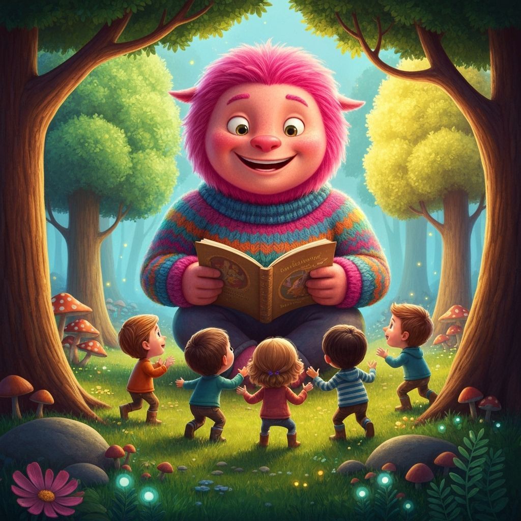 Friendly Giant Troll Reads to Children, Children's Illustrat...
