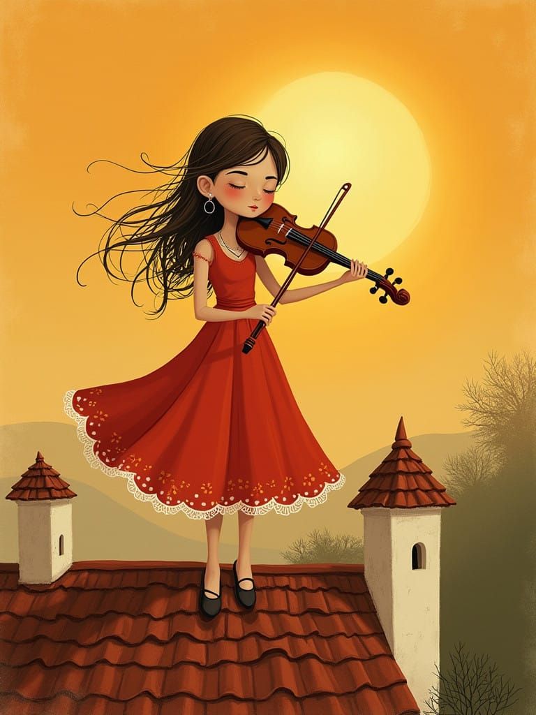 Girl Plays Violin on Rooftop in Whimsical, Dreamy Style
