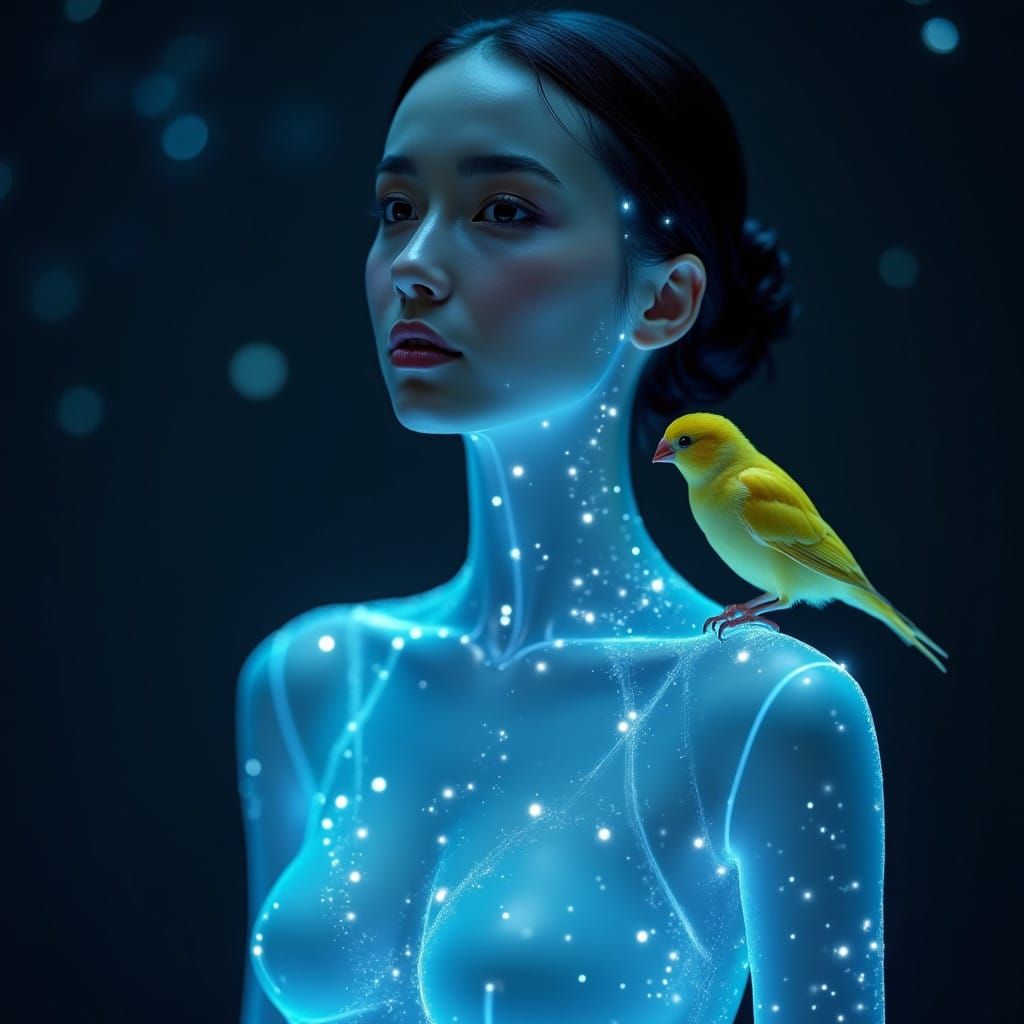 Glowing Blue Android Goddess with Yellow Bird Companion in S...