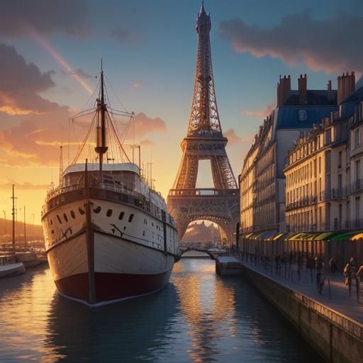 Paris Sunset with Eiffel Tower: Hyperrealistic Digital Art