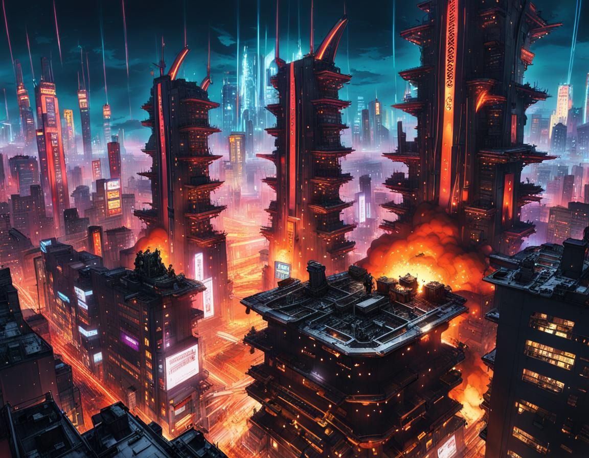 Cyberpunk Mechs Clash in a Ruined Cityscape