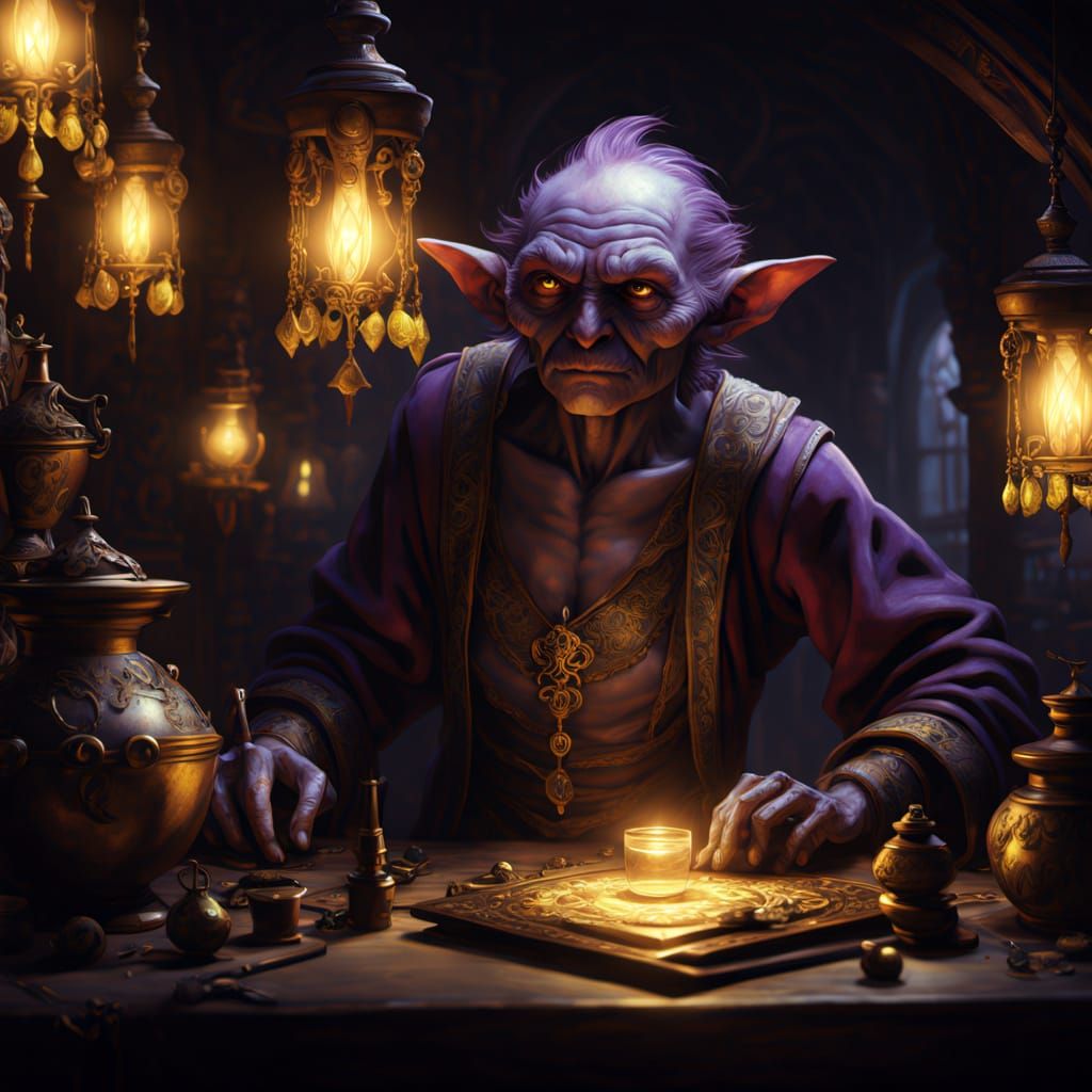 Dark Fantasy Goblin Trader in Shadows