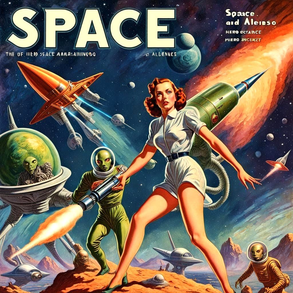 Pulp Sci-Fi Magazine Cover: Hero and Heroine vs Aliens