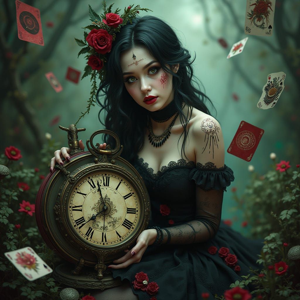 Whimsical Gothic Alice in Wonderland Scene with Clockwork an...