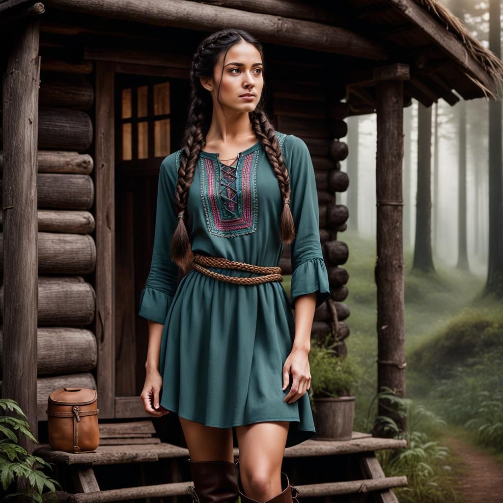 Teenage Woman with Braided Hair Stands by Hut
