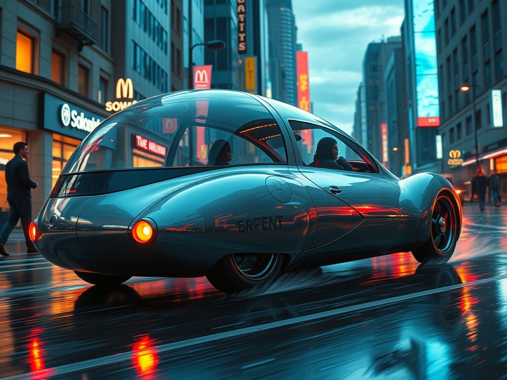 Retro-Futuristic Bubble Car Speeds Down Neon City Street