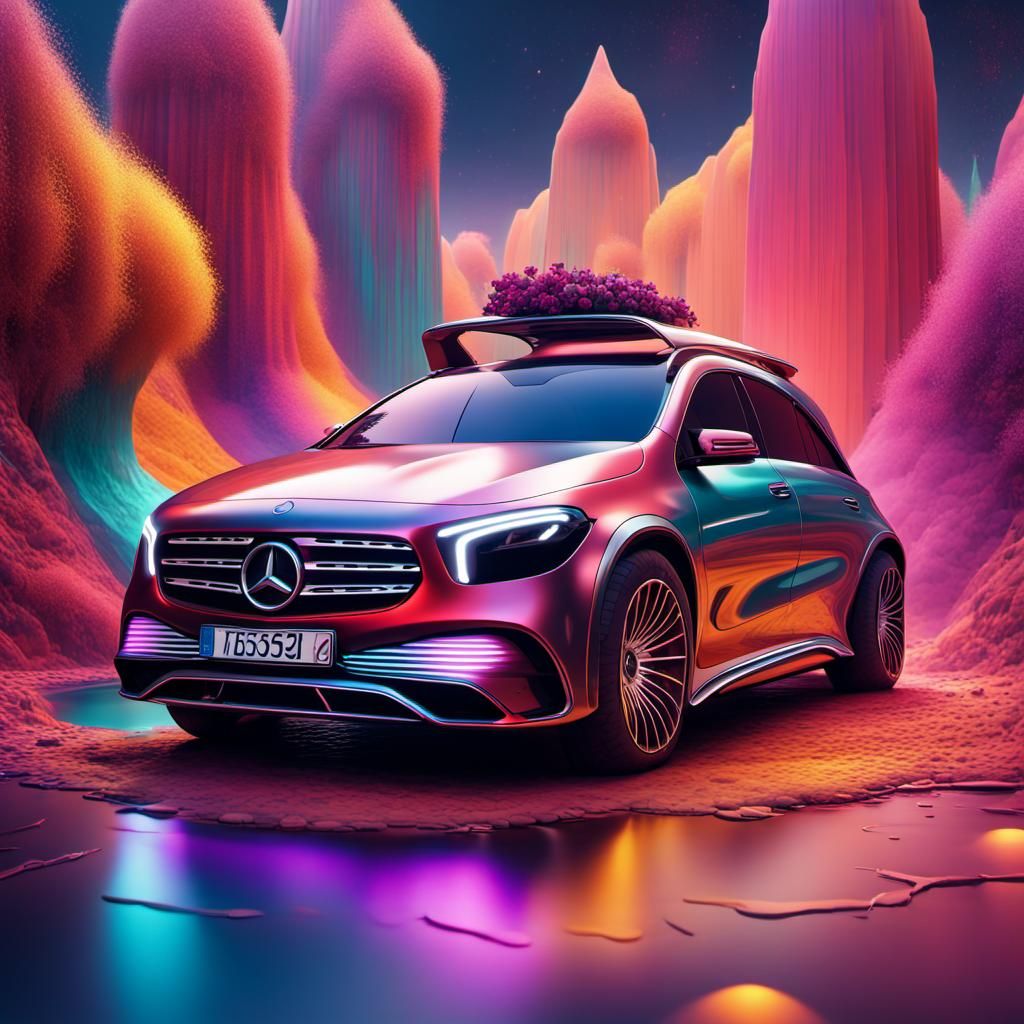 Mercedes Benz in Vibrant, Layered Sci-Fi Illustration
