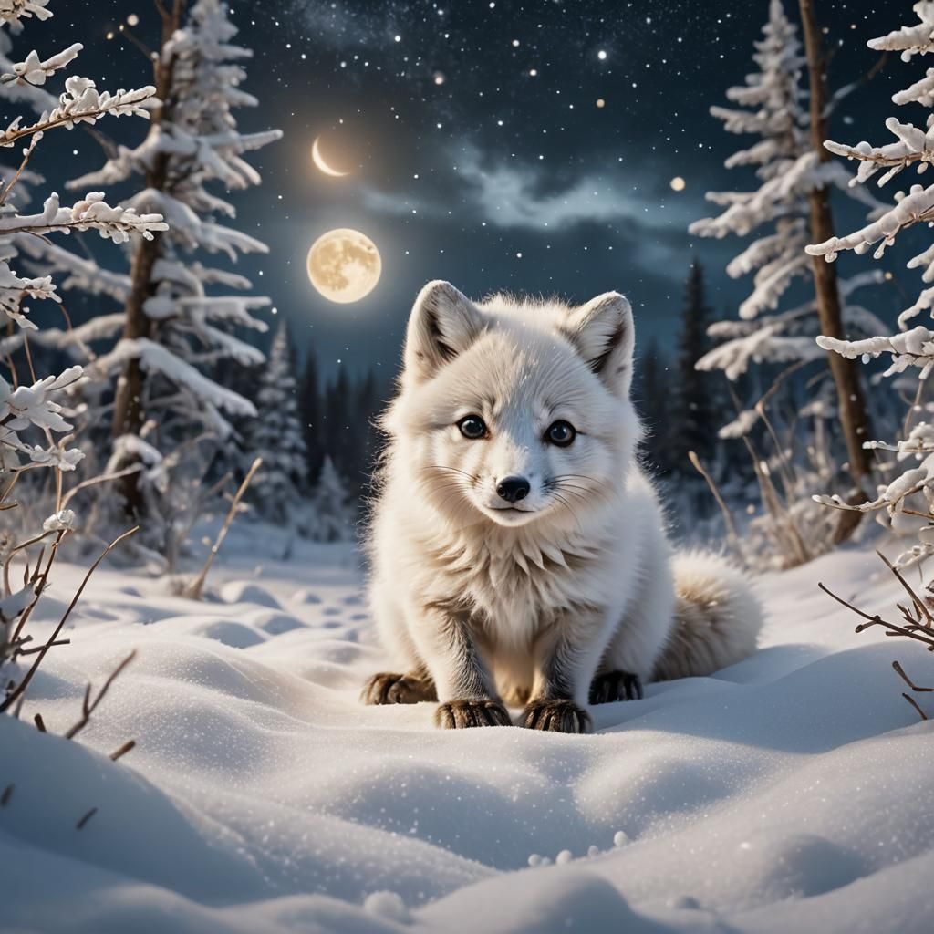 Arctic Fox Cub Playing in Enchanted Winter Landscape