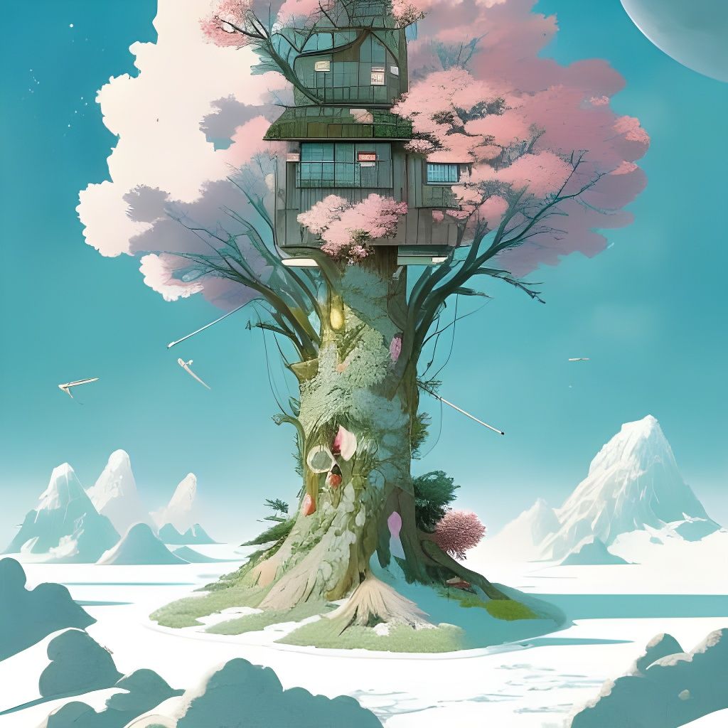 Spring Flower Treehouse Fort in Modern Ink Painting Style