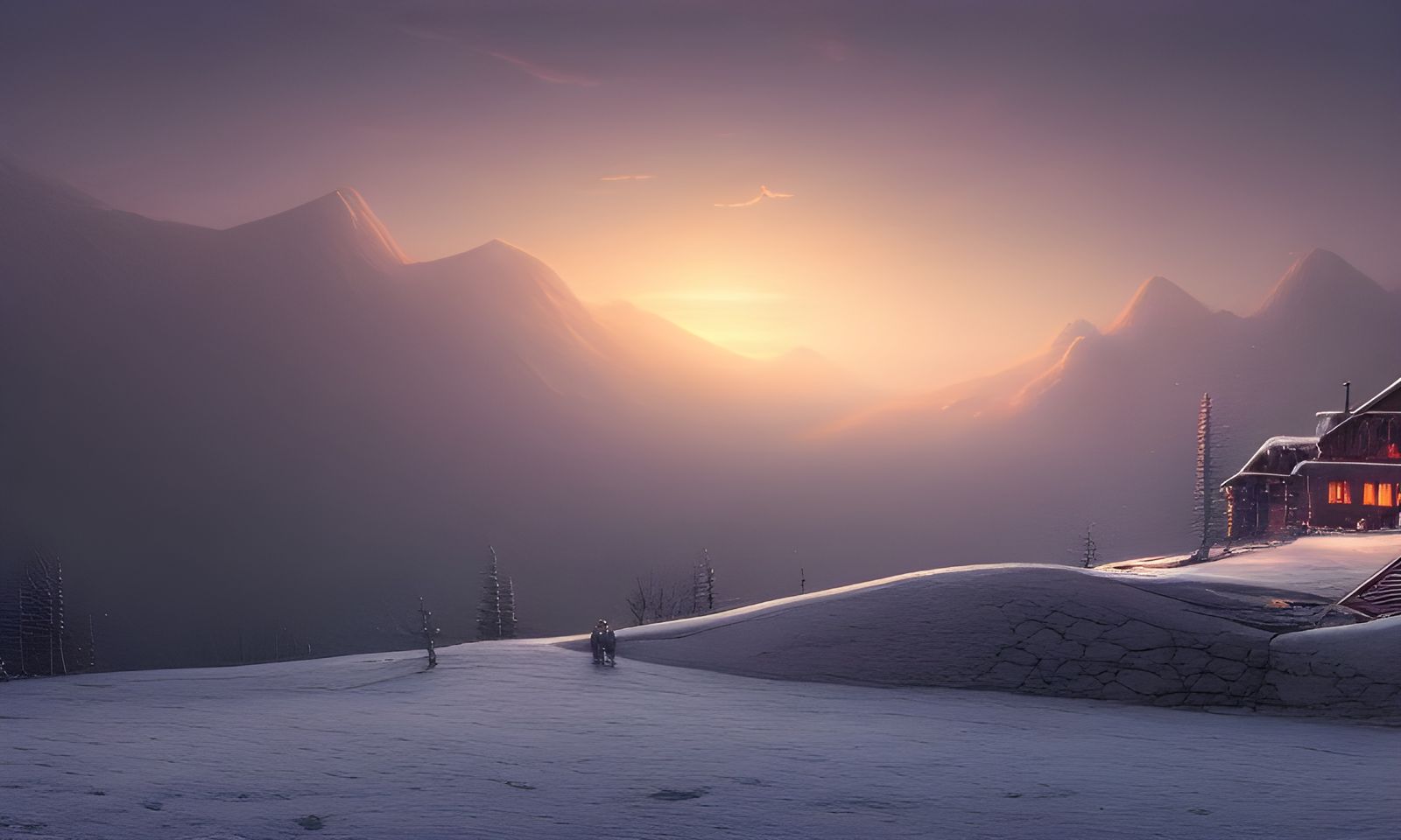 Snowy Mountain Retreat at Dusk: Surrealist Concept Art
