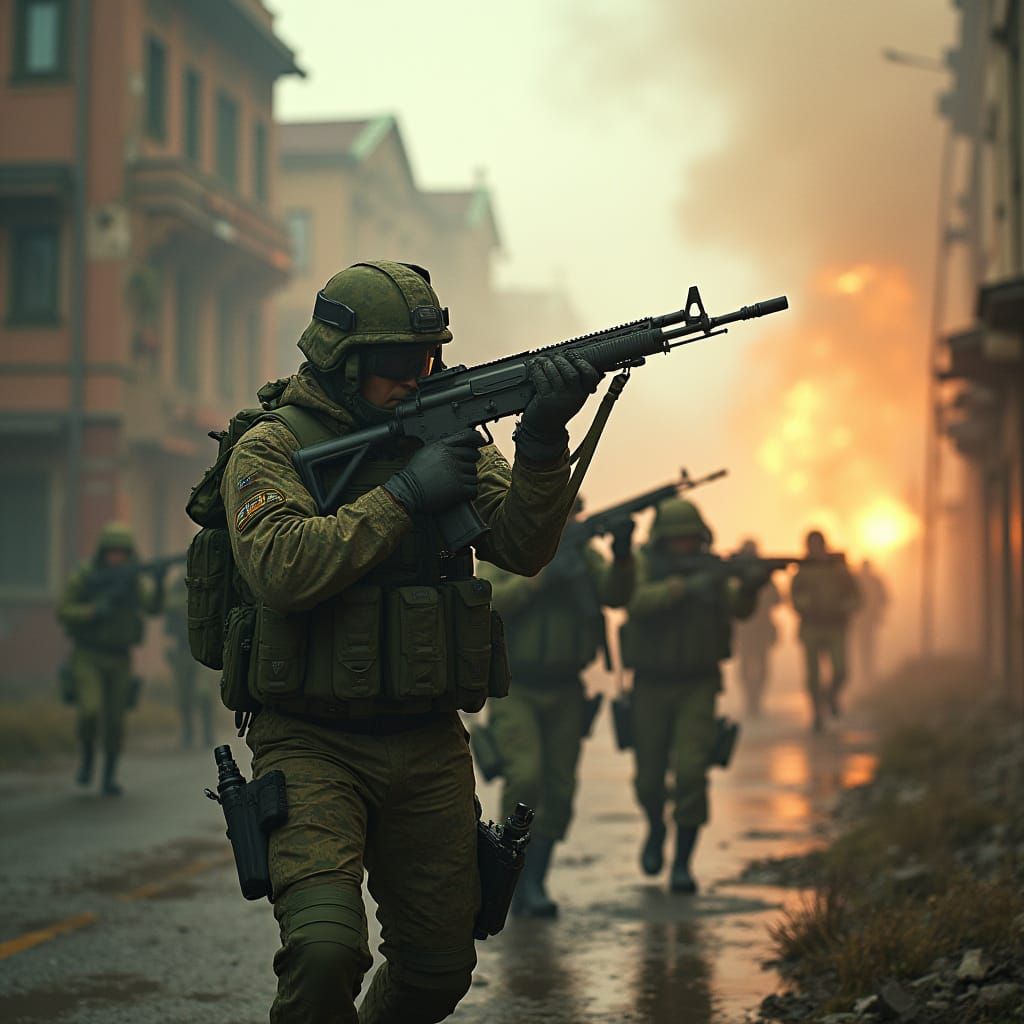 Camouflaged Soldiers in Urban Ruins