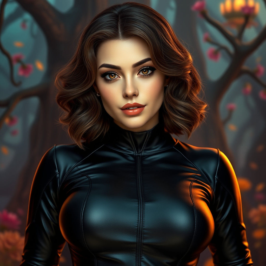 Voluptuous Woman in Sleek Black Leather Cat Suit, Fantasy Co...