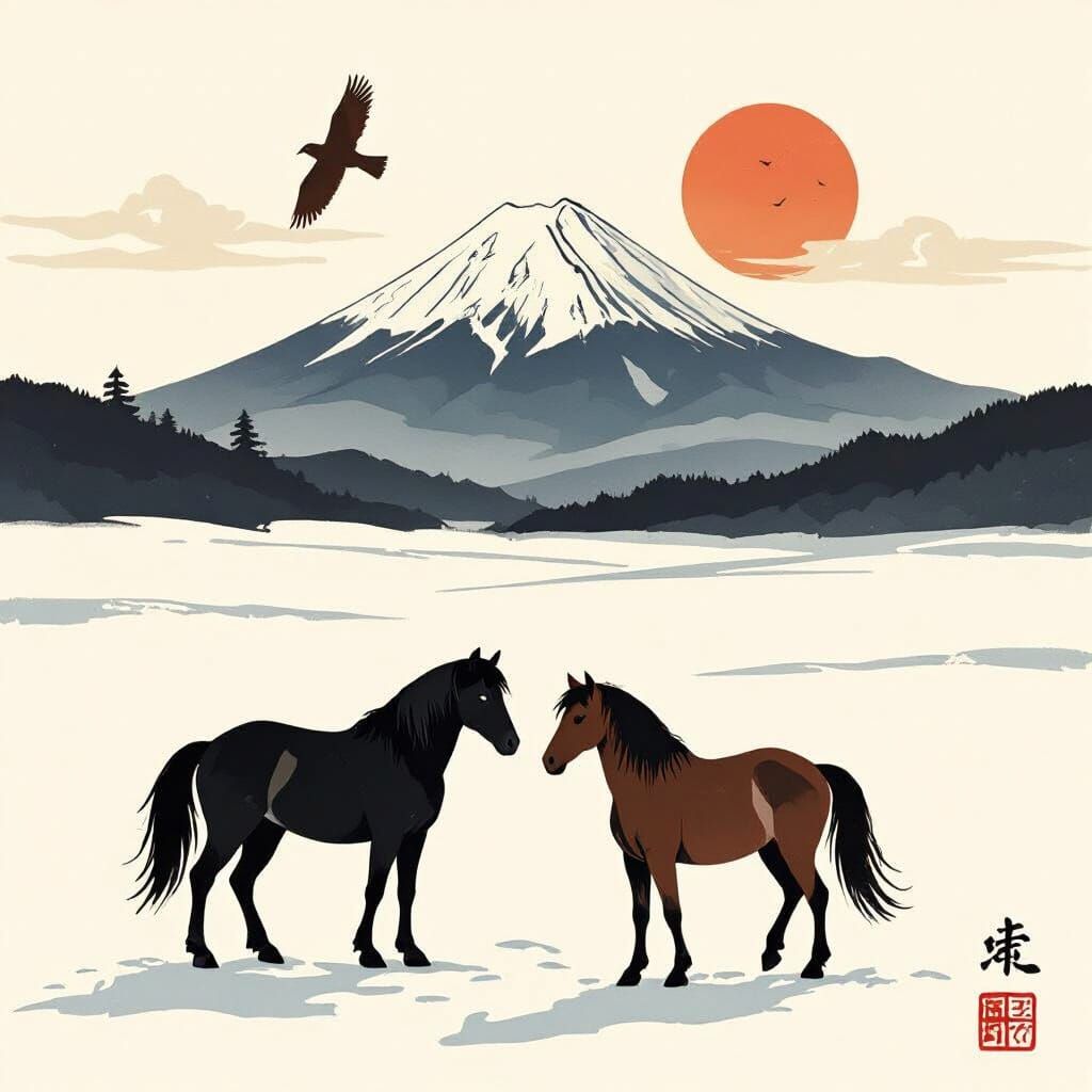 Serene Japanese Landscape with Horses in Snow