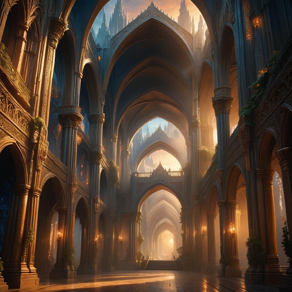 Golden Elven Hallway in Cinematic Digital Painting Style