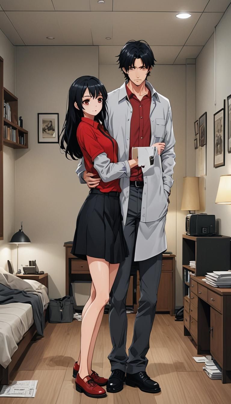 Anime Style: Man and Woman Embrace in Apartment