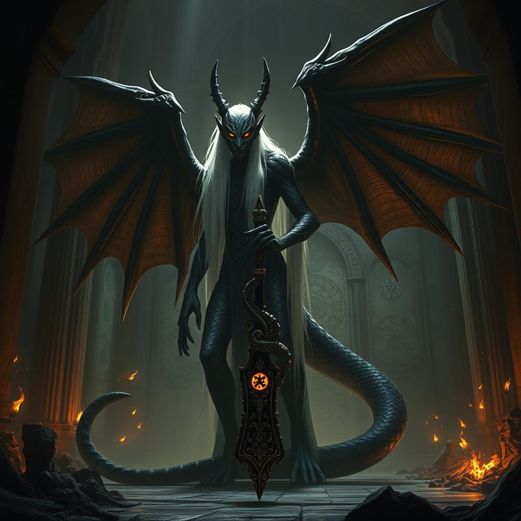 Dark Elf Dragon Hybrid in Ancient Temple