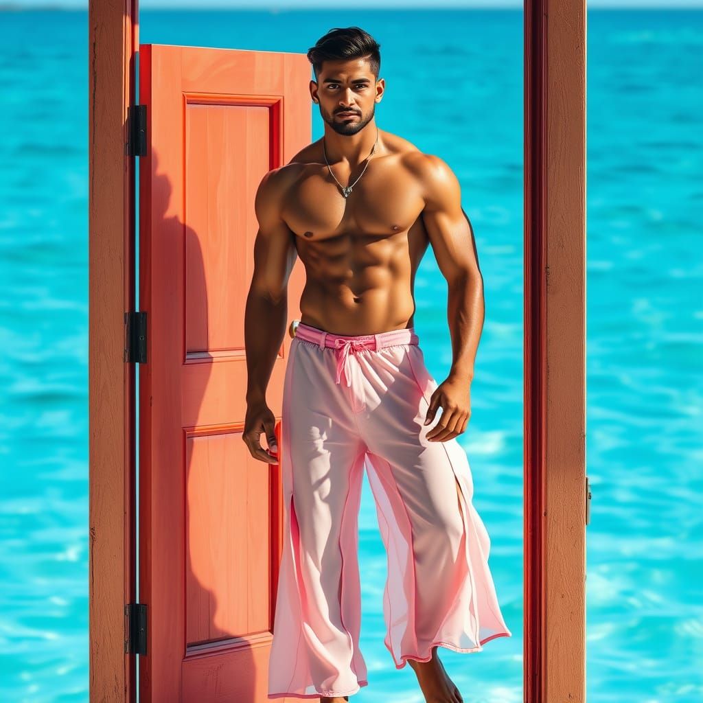 Muscular Indian Man on Beach in Digital Art Style
