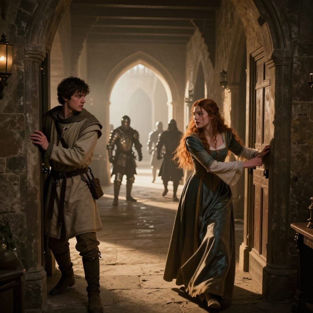 Nervous Knight in Castle Corridor at Night