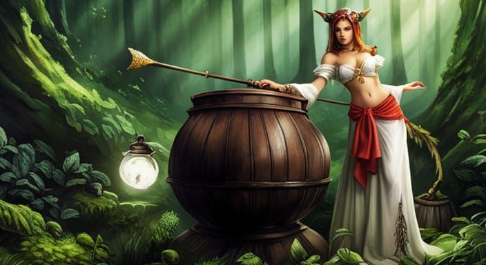 Sorceress with Cauldron in Forest, Hyper-Realistic Art