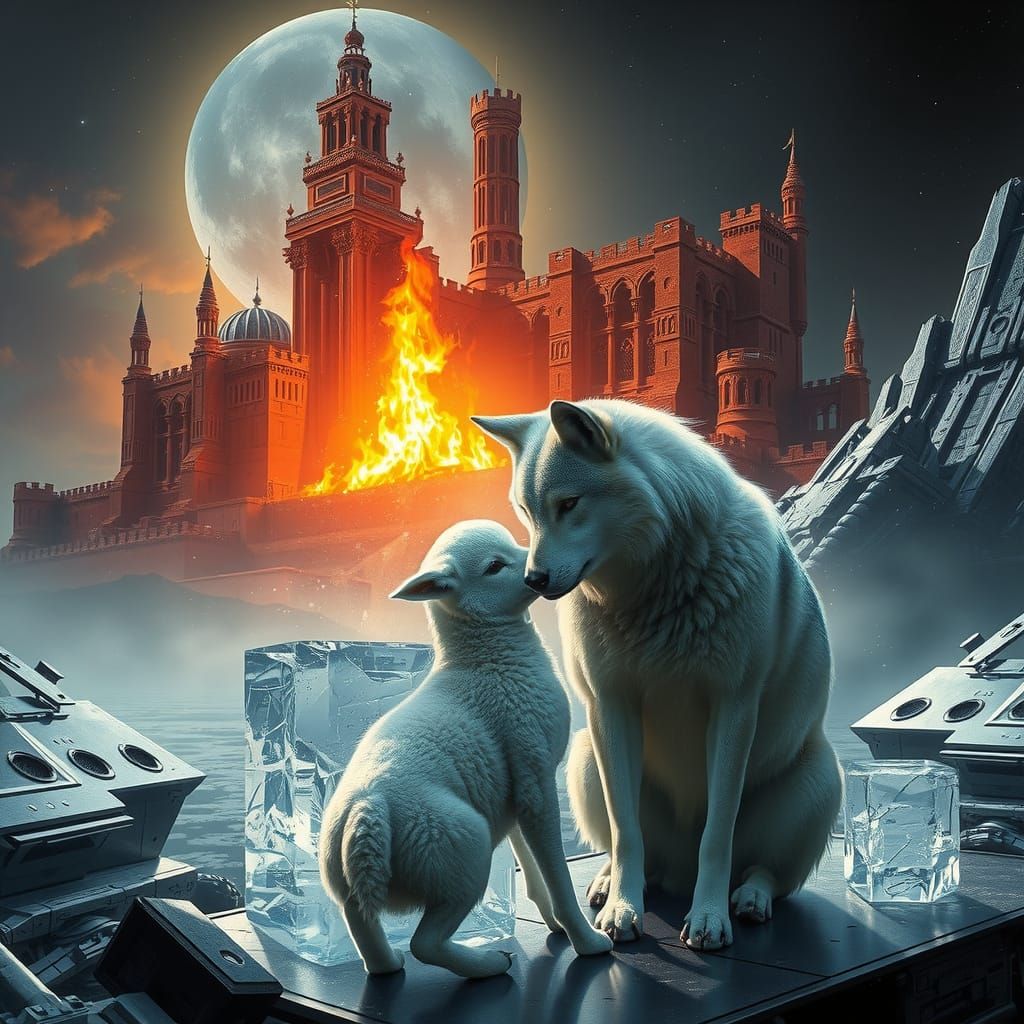Wolf and Lamb Embrace with Castle and Fire
