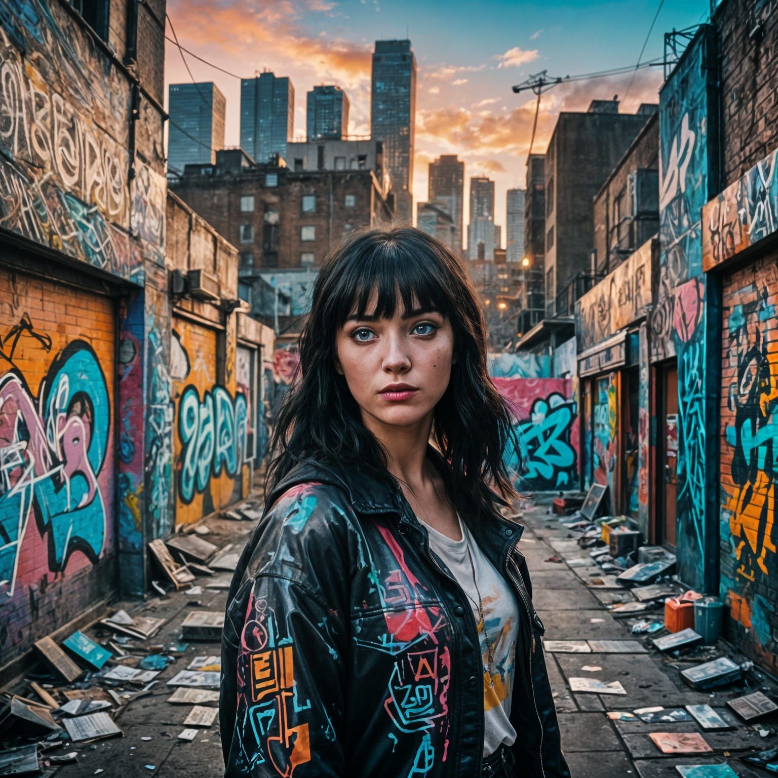 Cyberpunk Portrait: Young Woman in Neon Cityscape