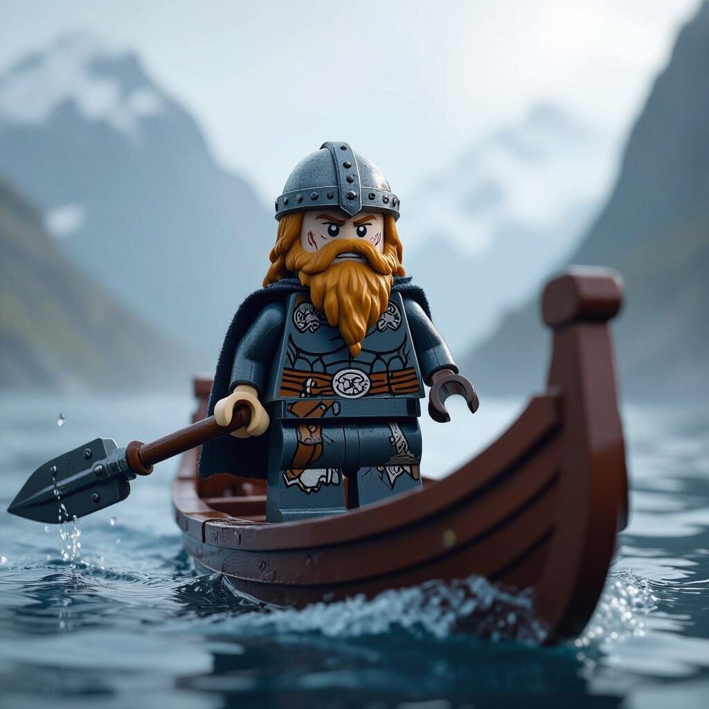 Lego Viking on Longship in Hyperreal Style