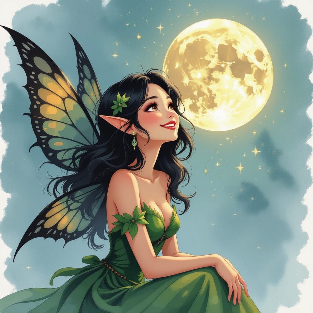 Black Haired Fairy in Leaf Dress Smiles at Moon in Alcohol I...