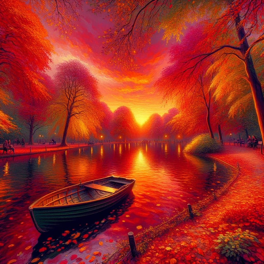 Crimson Sunset Over Autumn Park Lake in Pre-1912 Style