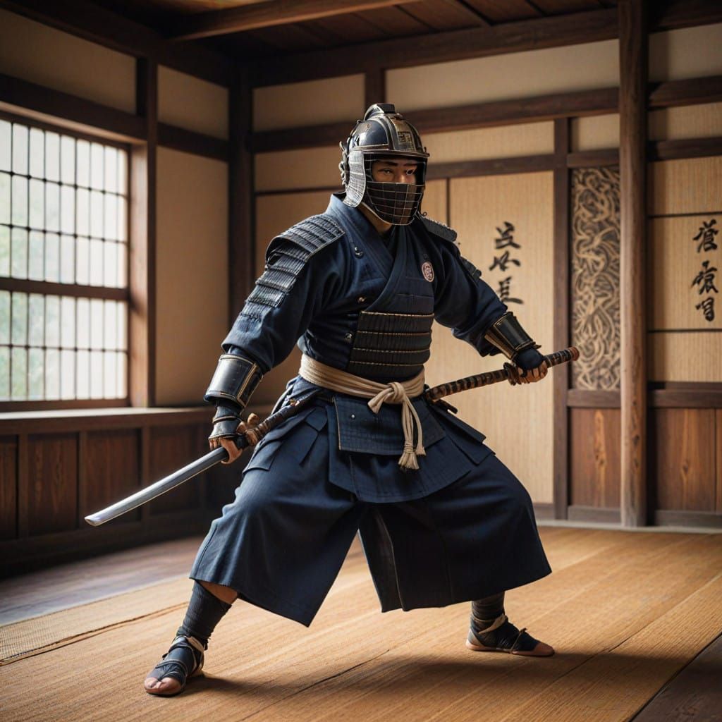 Kendo Warrior in Traditional Kyoto Dojo