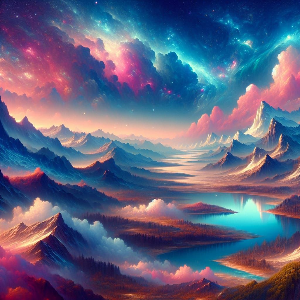 Fairytale Matte Painting of Snowy Mountains and Pink Blue Sk...