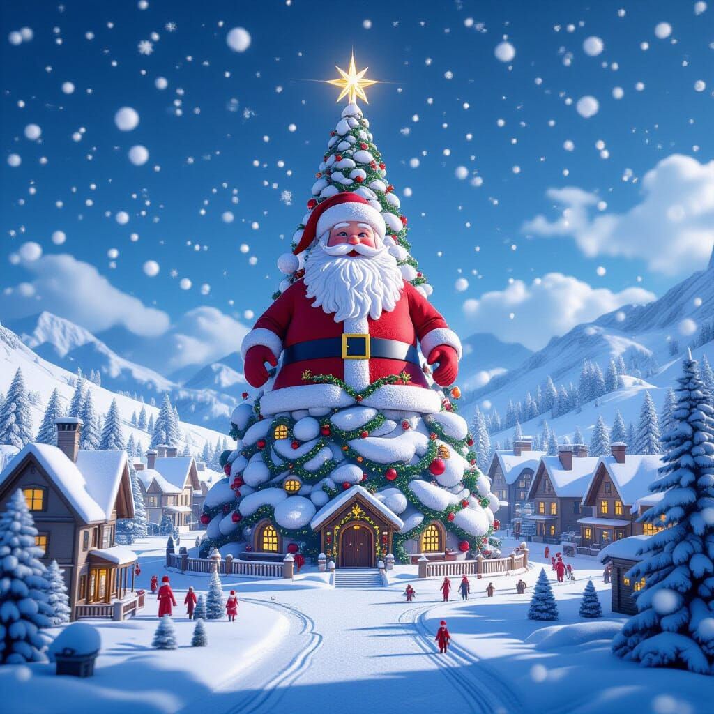Colossal Carved Santa Tree Over Snowy Christmas Village