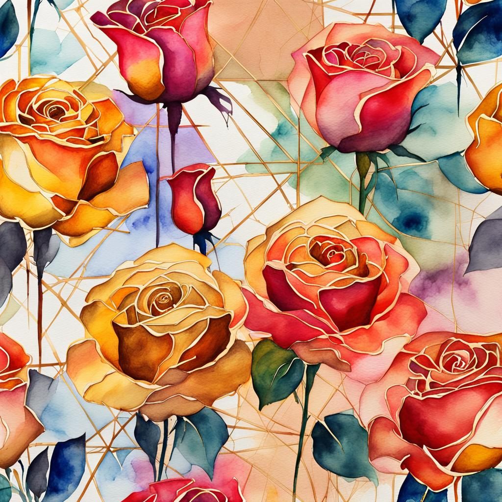 Abstract Watercolor Gold Wireframe Roses