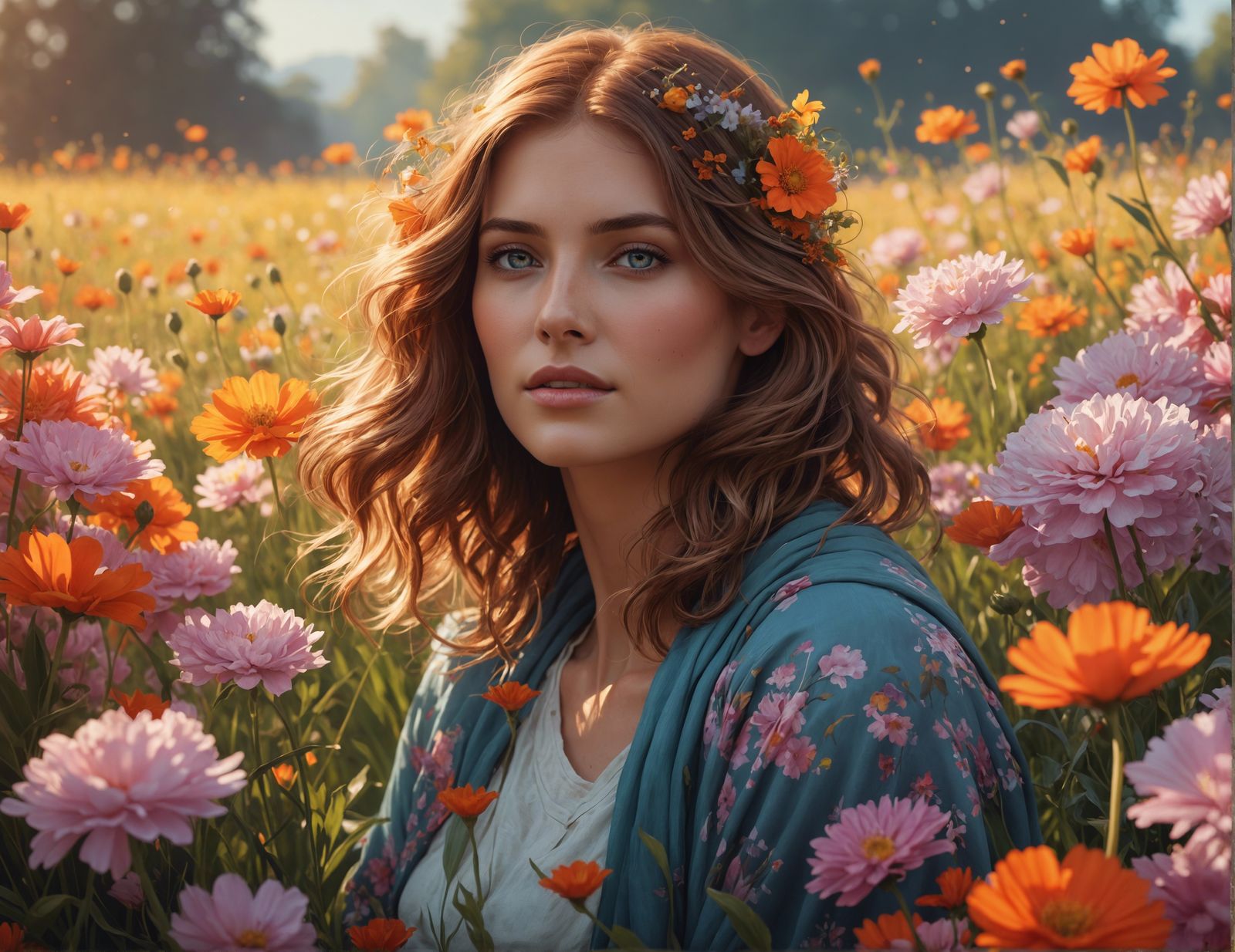Woman in Flower Field: Hyperdetailed Portrait