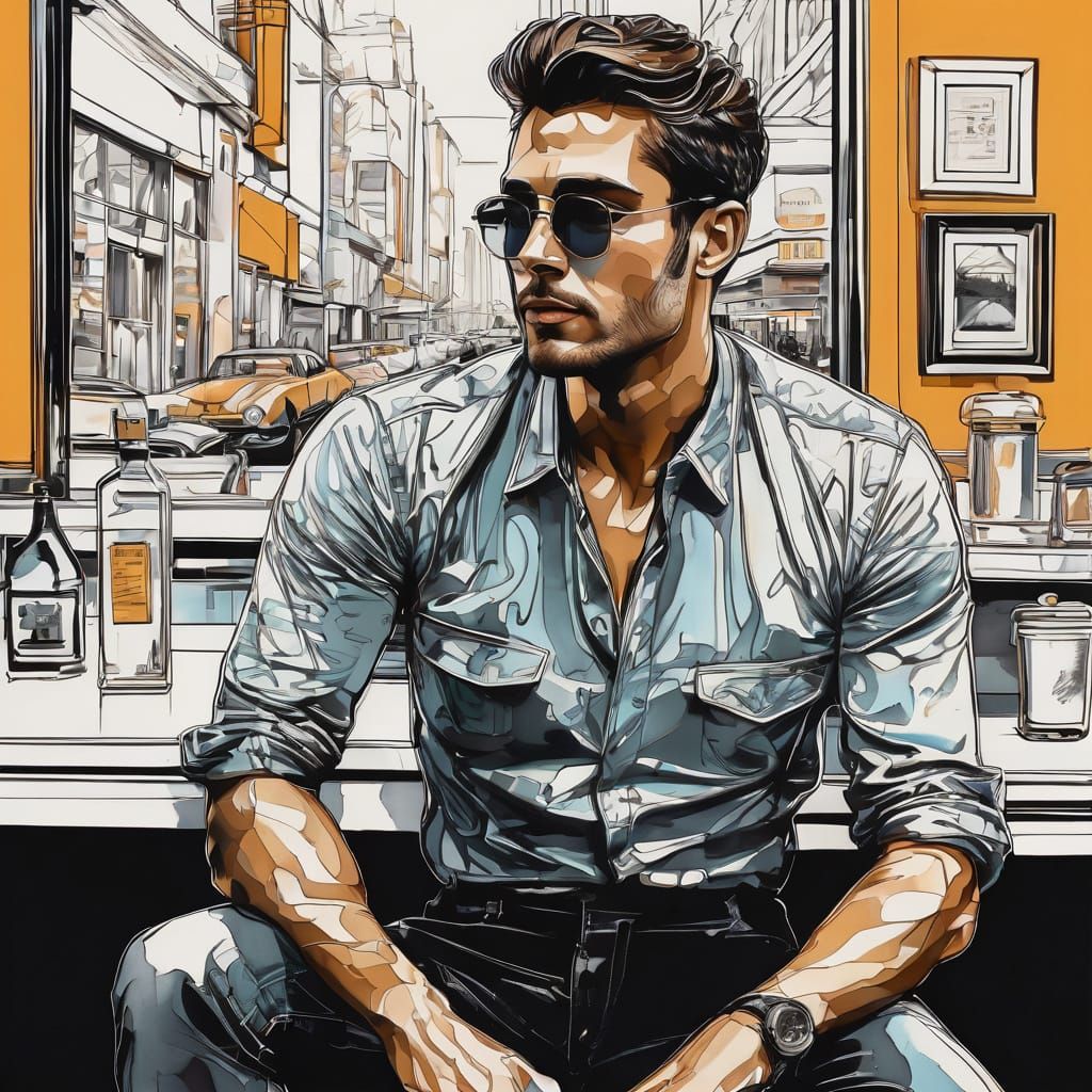 1950s Man at Diner in Pastel Ink Painting