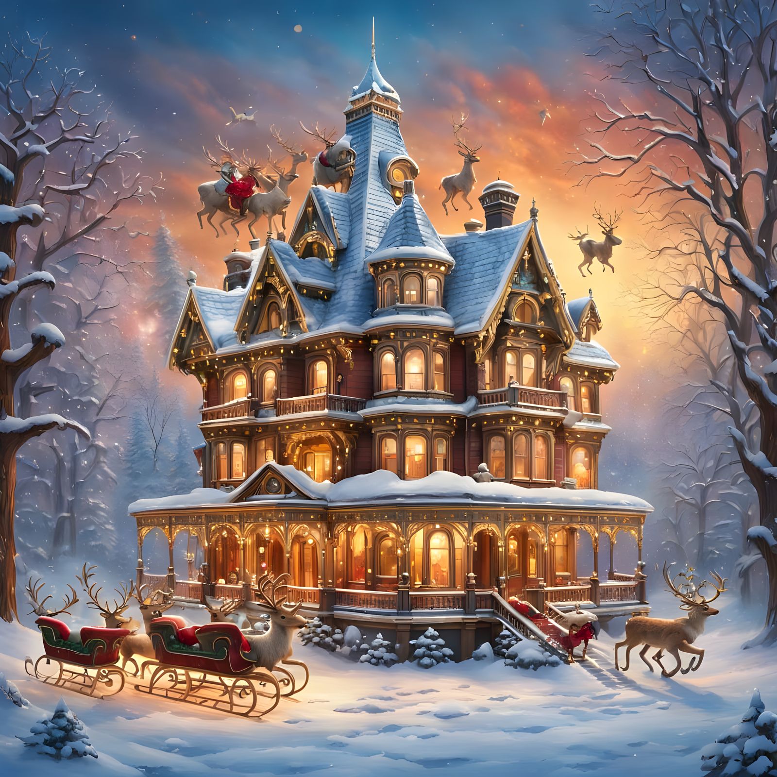 Epic Christmas Scene of Reindeer and Sleighs in Flight