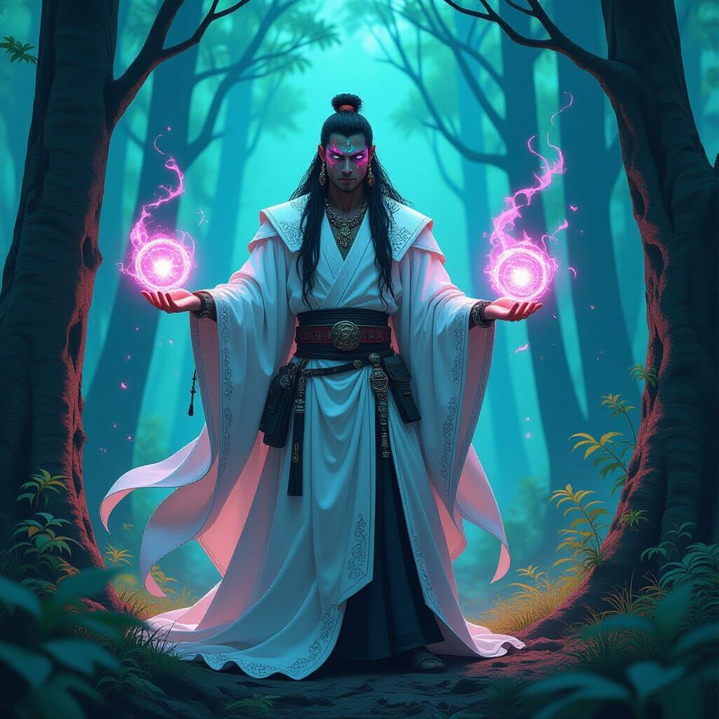 Cyberpunk Druid Summons Spirits in Neon Forest