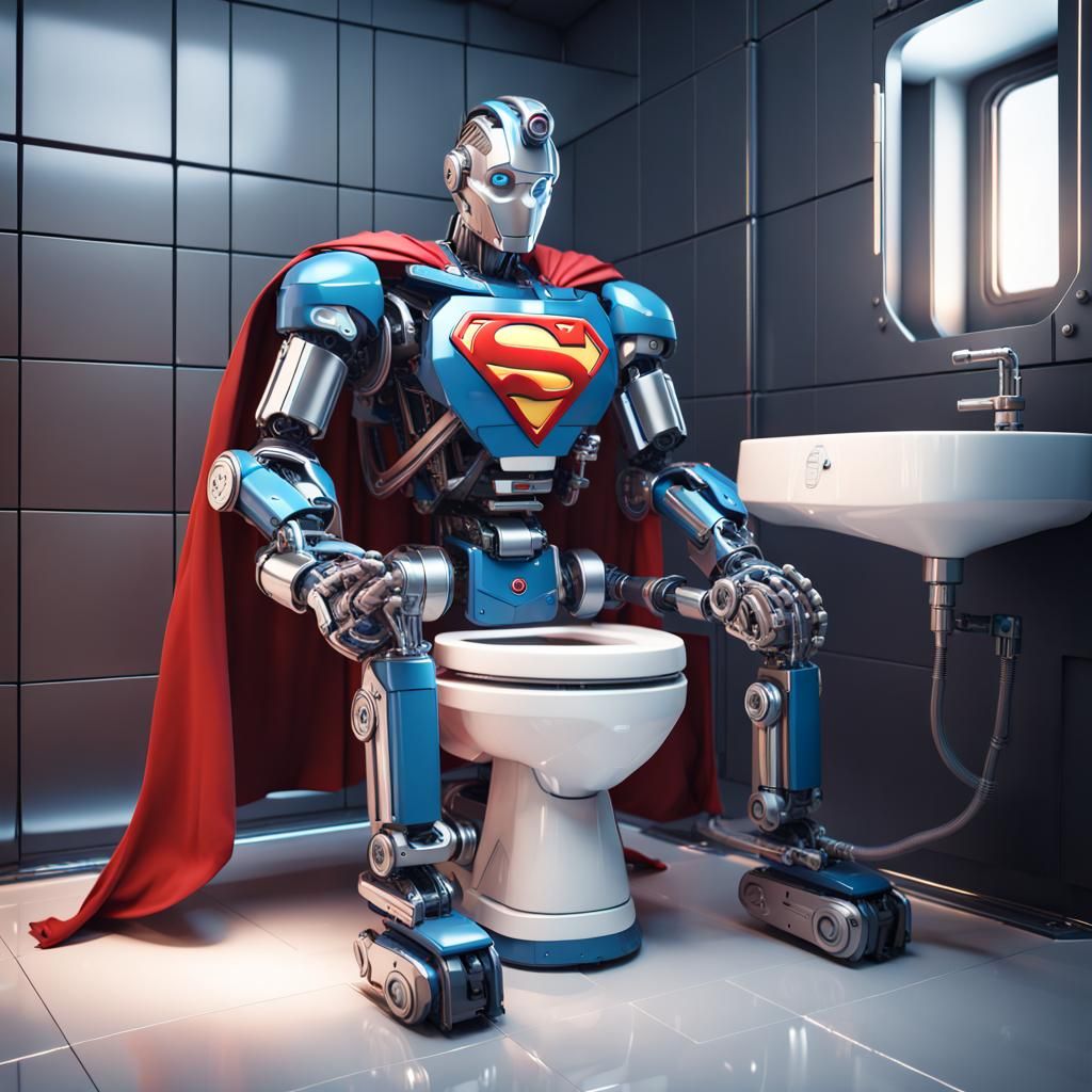 Robotic Superman Janitor Cleans Toilet in Sci-Fi Style