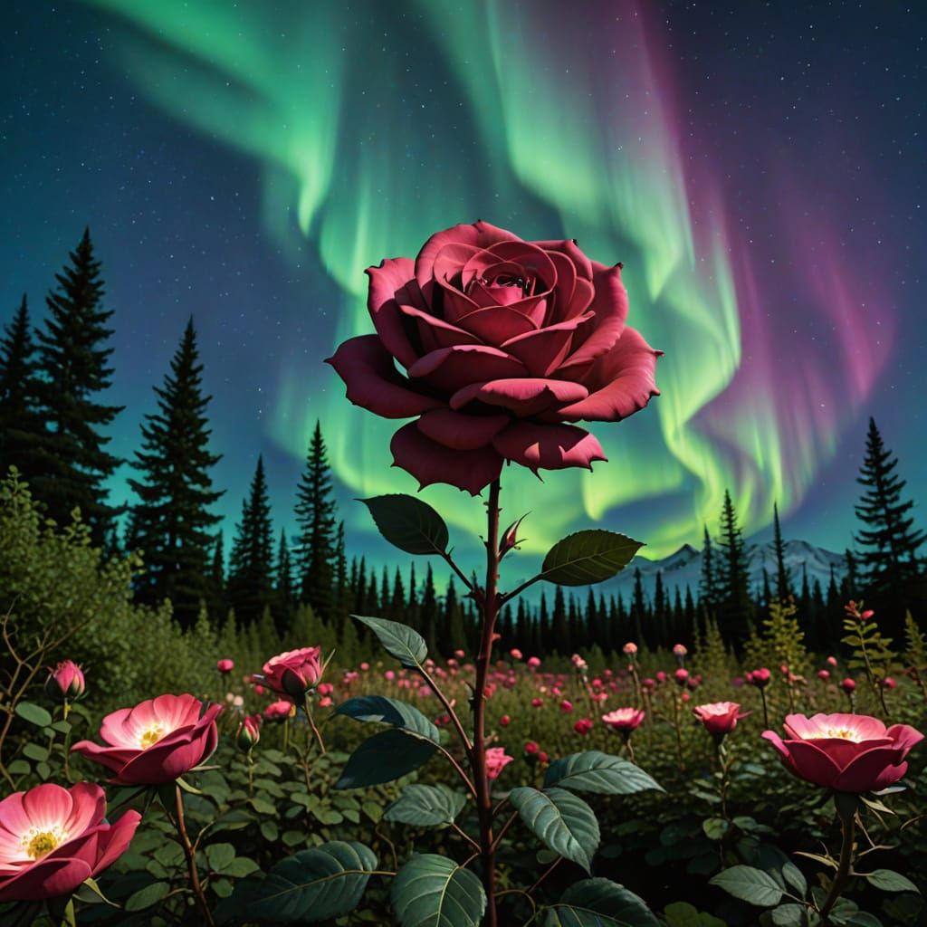 Giant Iron Rose Blooms Under Aurora Borealis in Magical Gard...
