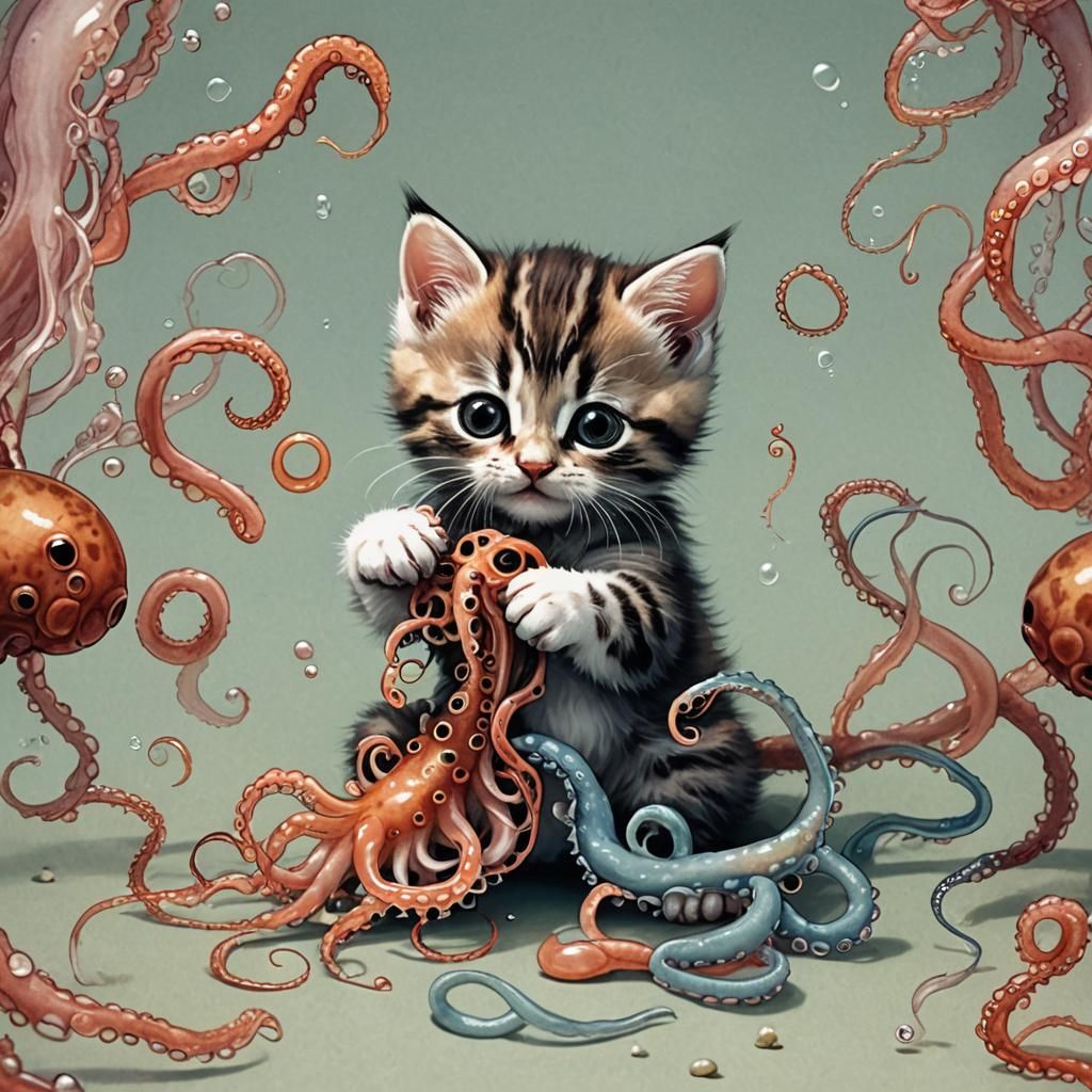 Kitten Plays With a Squid Tentacle