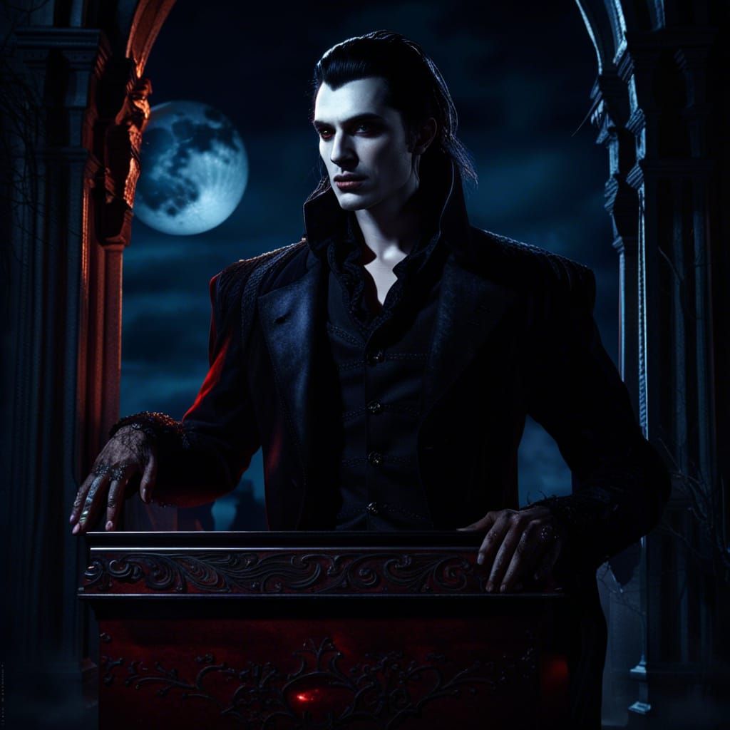 Noir Vampire Emerges from Coffin in Moonlight