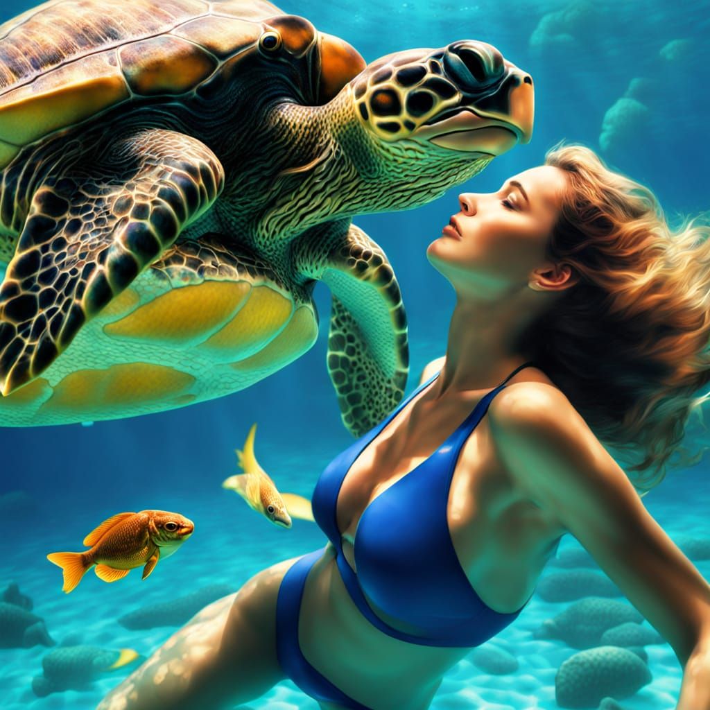 Underwater Scene with Woman, Turtle and Fish