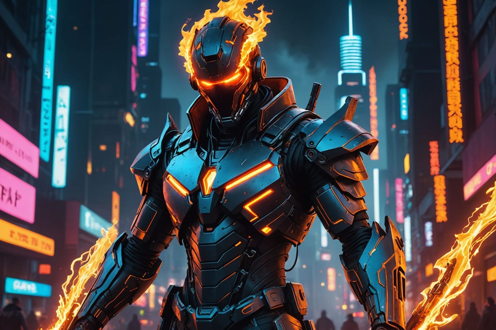 Cyberpunk Pyromancer with Fiery Aura in Neon City