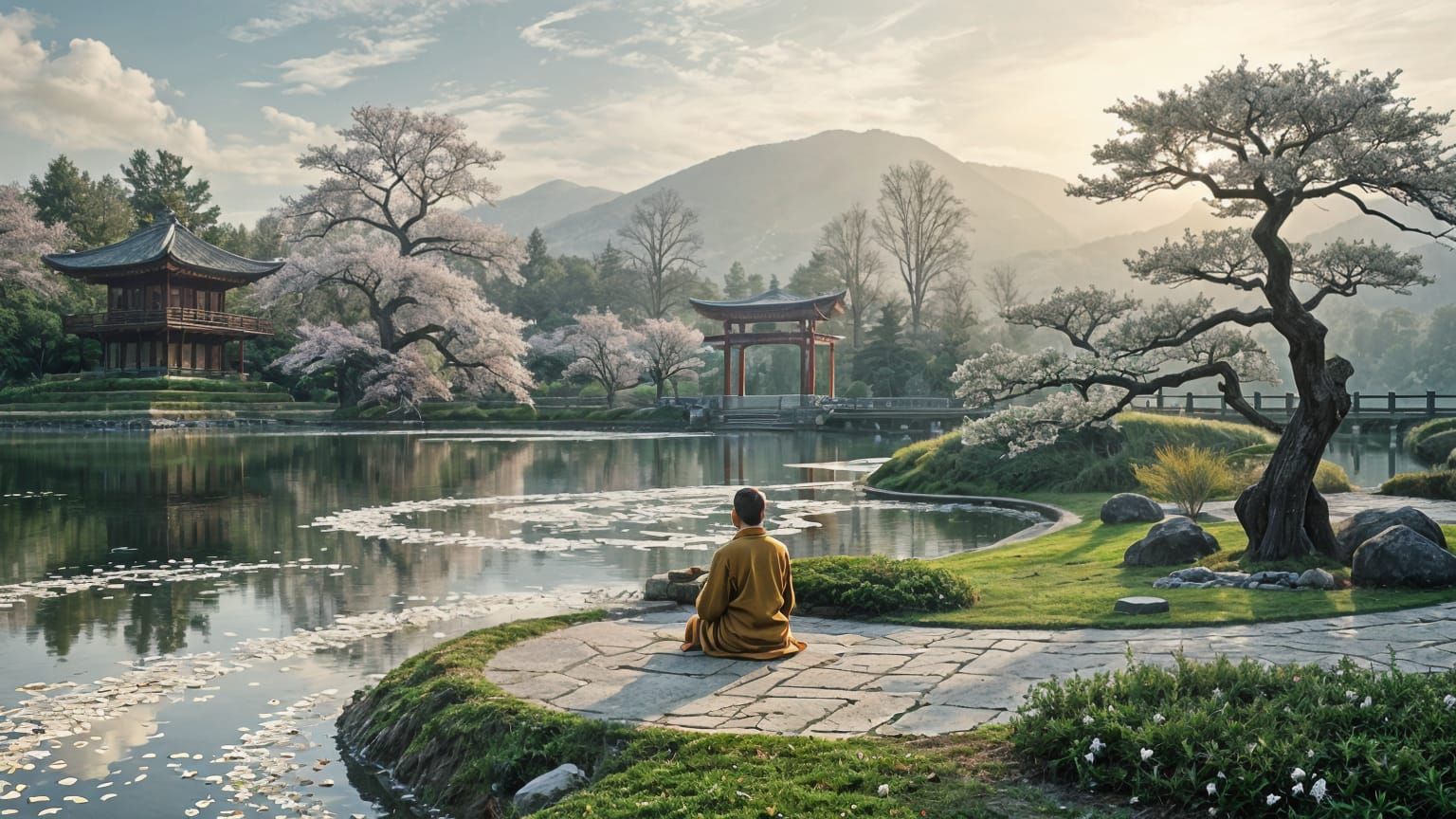 Tranquil Dawn Meditation by Cherry Blossom Lake