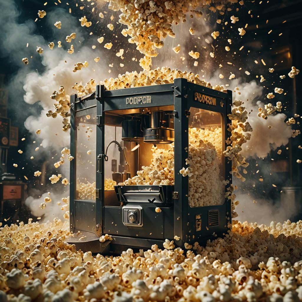Exploding Popcorn Machine: Epic Cinematic Digital Painting