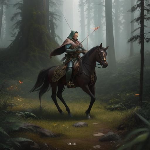Elf Archer Woman in Forest, Digital Fantasy Art